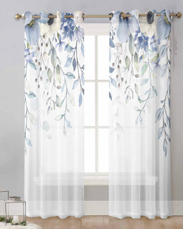 Floral blue budget sheer curtains